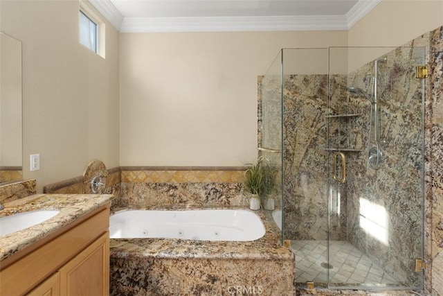28399 Long Meadow Dr, Menifee, CA 92584 - bathroom with a jetted tub, vanity, a marble finish shower, and crown molding
