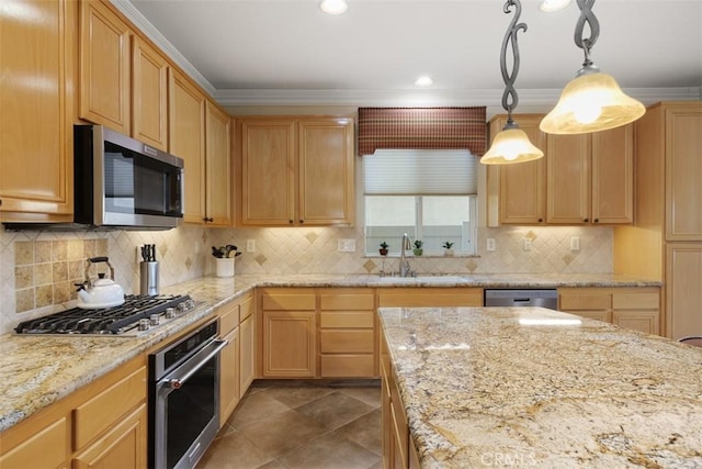 28399 Long Meadow Dr, Menifee, CA 92584 - kitchen featuring stainless steel appliances, light stone counters, decorative backsplash, decorative light fixtures, and ornamental molding