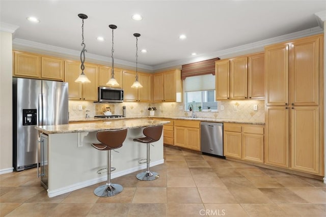 28399 Long Meadow Dr, Menifee, CA 92584 - kitchen with appliances with stainless steel finishes, light brown cabinets, ornamental molding, a kitchen island, and decorative backsplash