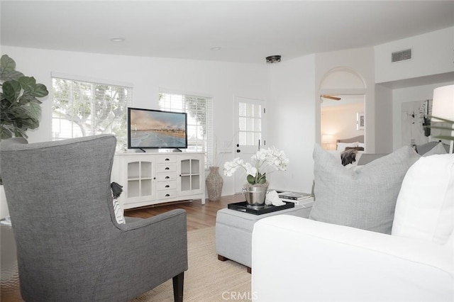 living area with healthy amount of natural light and wood finished floors