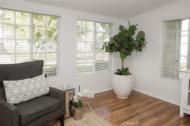 living area with healthy amount of natural light, wood finished floors, and baseboards