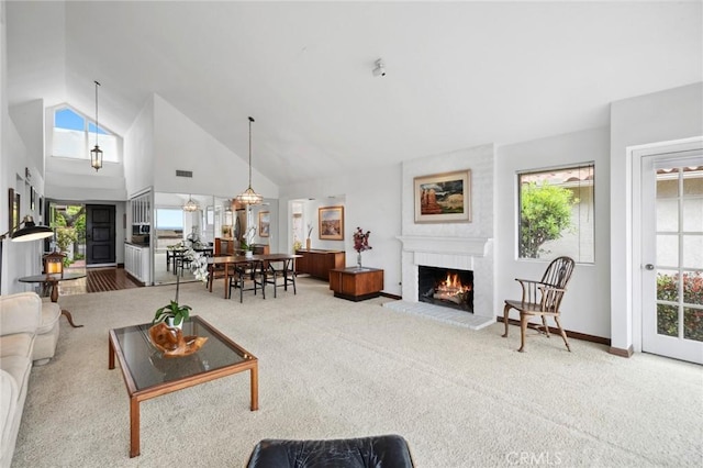 2005 Yacht Resolute, Newport Beach, CA 92660 - carpeted living room featuring a fireplace, high vaulted ceiling, and baseboards