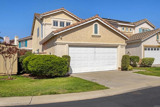 8580 New Salem St Unit 7, San Diego, CA 92126 - view of front of house with concrete driveway, an attached garage, a tile roof, stucco siding, and a front yard