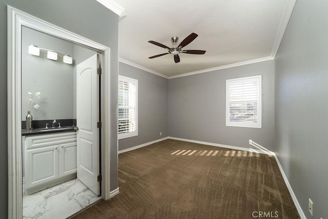 26 Upland, Irvine, CA 92602 - carpeted empty room featuring a sink, a ceiling fan, ornamental molding, and baseboards