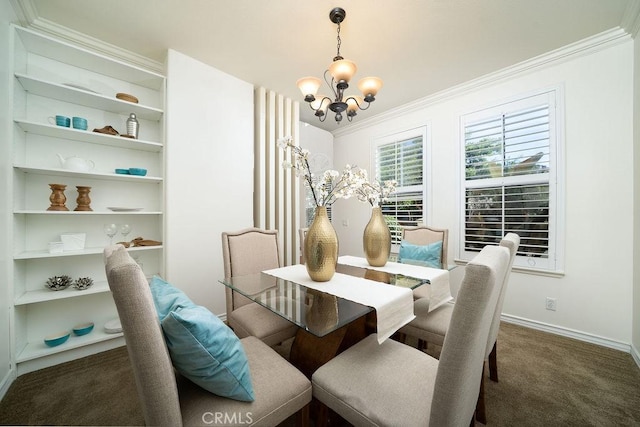 26 Upland, Irvine, CA 92602 - dining area featuring a chandelier, ornamental molding, carpet, and baseboards