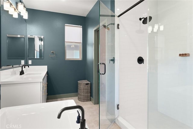920 Bunkhouse Dr, Rancho Mission Viejo, CA 92694 - bathroom featuring a stall shower, vanity, a bath, and tile patterned floors