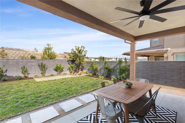920 Bunkhouse Dr, Rancho Mission Viejo, CA 92694 - fenced backyard featuring a ceiling fan, a patio, and outdoor dining space