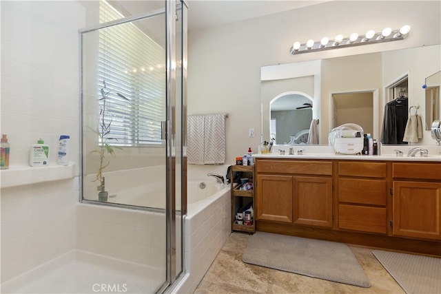 28759 Eridanus Dr, Menifee, CA 92586 - bathroom with a shower stall, double vanity, and a garden tub