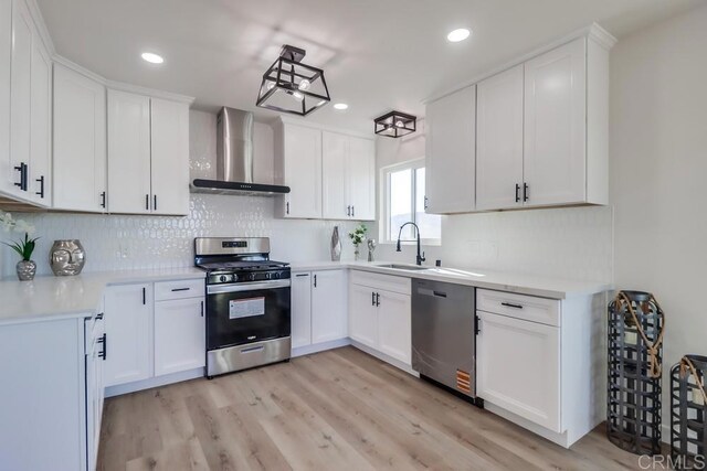 1215 Grand Ave, Spring Valley, CA 91977 - kitchen with appliances with stainless steel finishes, wall chimney range hood, a sink, decorative backsplash, and white cabinets