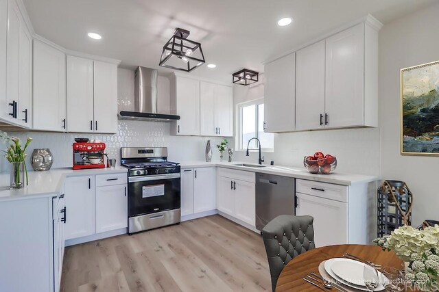 1215 Grand Ave, Spring Valley, CA 91977 - kitchen with stainless steel appliances, wall chimney exhaust hood, a sink, light countertops, and backsplash