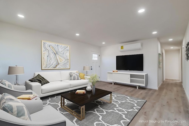 1215 Grand Ave, Spring Valley, CA 91977 - living room featuring an AC wall unit, wood finished floors, and recessed lighting