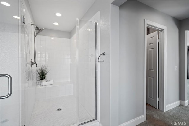 31193 Skyline Dr, Temecula, CA 92591 - full bathroom with a stall shower, baseboards, and recessed lighting