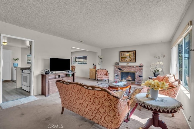 1487 Asbury Dr, Pasadena, CA 91104 - living room with light carpet, a fireplace, and a textured ceiling