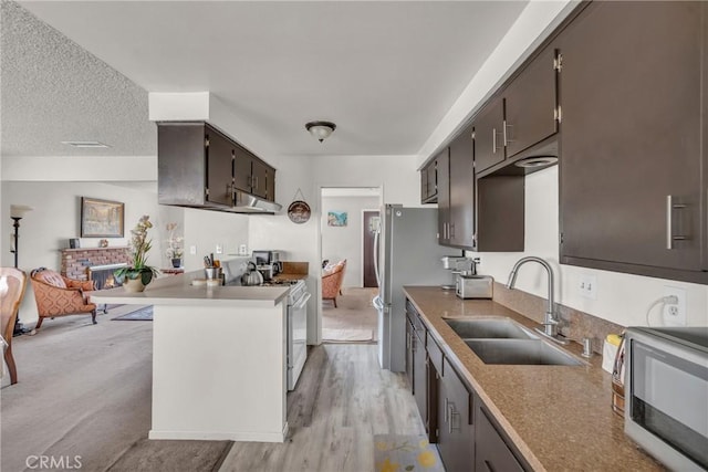 1487 Asbury Dr, Pasadena, CA 91104 - kitchen featuring a sink, white range with gas cooktop, under cabinet range hood, open floor plan, and dark brown cabinetry