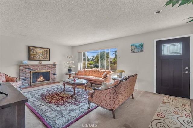 1487 Asbury Dr, Pasadena, CA 91104 - living room featuring a textured ceiling, carpet, and a brick fireplace