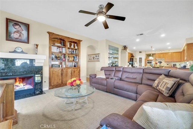 43376 Terra Ct, Temecula, CA 92592 - living room featuring a fireplace, recessed lighting, ceiling fan, and carpet flooring