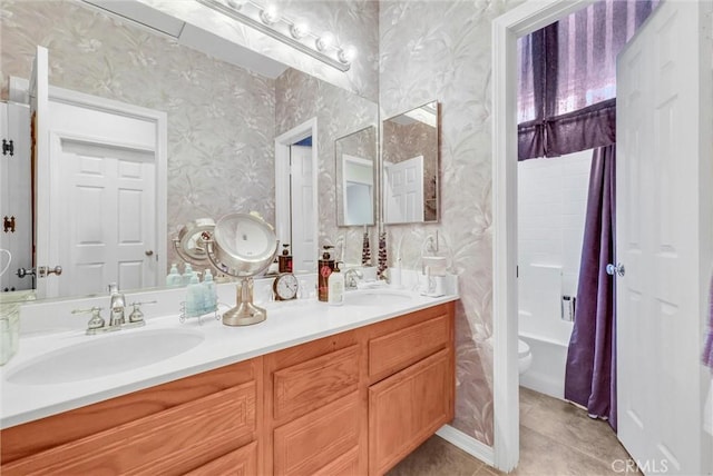 43376 Terra Ct, Temecula, CA 92592 - full bathroom featuring wallpapered walls, toilet, tile patterned floors, double vanity, and a bath