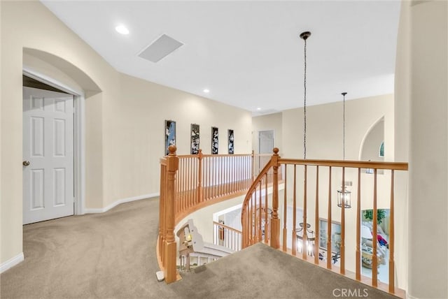 43376 Terra Ct, Temecula, CA 92592 - hall featuring an upstairs landing, carpet, baseboards, and recessed lighting