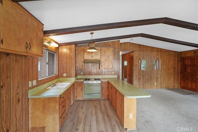 951 Snowbird Rd, Wrightwood, CA 92397 - kitchen with range with gas stovetop, a peninsula, under cabinet range hood, light countertops, and a sink