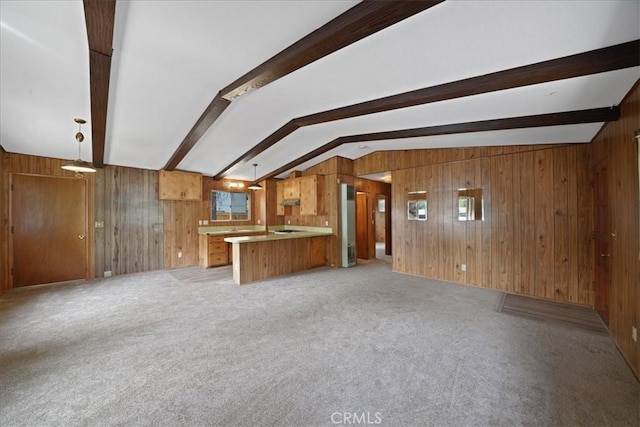 951 Snowbird Rd, Wrightwood, CA 92397 - unfurnished living room featuring wooden walls and light colored carpet