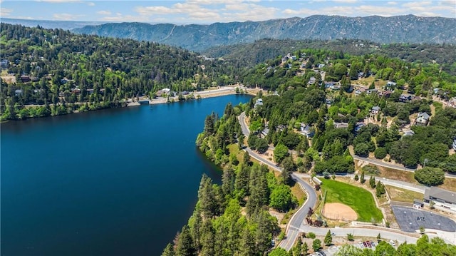 417 Delle Dr, Crestline, CA 92325 - aerial view of property's location featuring a water and mountain view and a heavily wooded area