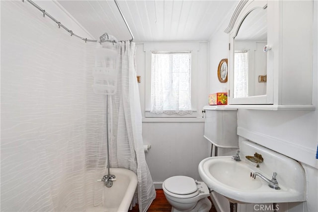 2013 3rd St, Julian, CA 92036 - full bathroom featuring toilet, shower / bath combo, wood ceiling, and a sink