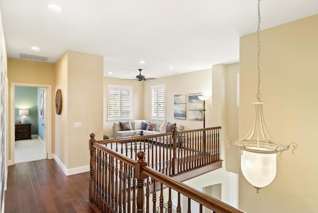 6407 Calmeria Pl, Carlsbad, CA 92011 - corridor with an upstairs landing, dark wood-style floors, baseboards, and recessed lighting