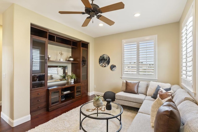 6407 Calmeria Pl, Carlsbad, CA 92011 - living room featuring wood finished floors, baseboards, recessed lighting, and ceiling fan