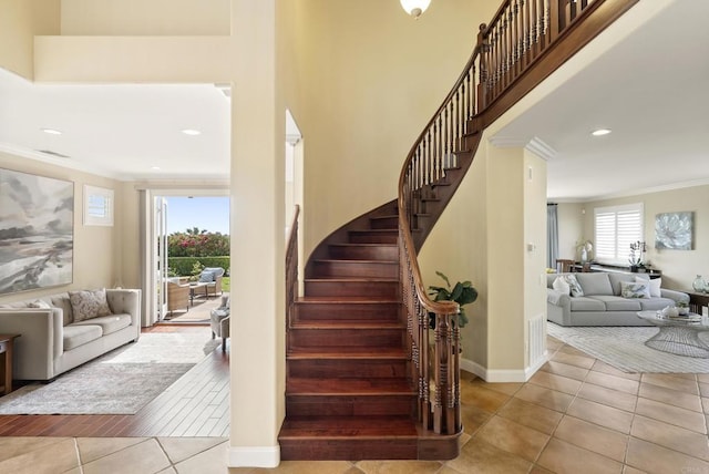 6407 Calmeria Pl, Carlsbad, CA 92011 - stairs featuring tile patterned flooring, crown molding, baseboards, and recessed lighting