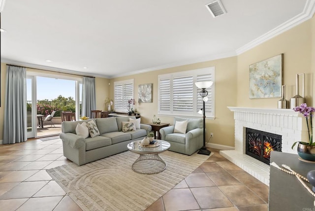 6407 Calmeria Pl, Carlsbad, CA 92011 - tiled living room featuring crown molding, a brick fireplace, and baseboards