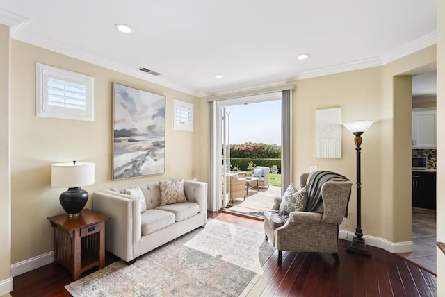 6407 Calmeria Pl, Carlsbad, CA 92011 - living area with healthy amount of natural light, dark wood-style floors, baseboards, ornamental molding, and recessed lighting