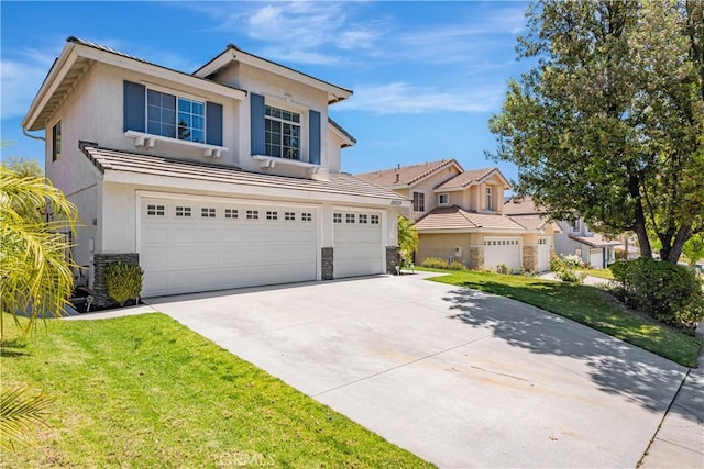 28229 Foothill Rd, Castaic, CA 91384 - traditional home with stone siding, a garage, driveway, stucco siding, and a front yard