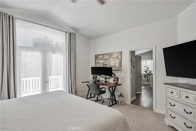 28229 Foothill Rd, Castaic, CA 91384 - bedroom featuring access to exterior, lofted ceiling, light carpet, baseboards, and an office area