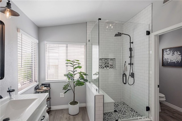 28229 Foothill Rd, Castaic, CA 91384 - bathroom featuring a stall shower, vanity, wood finished floors, and plenty of natural light