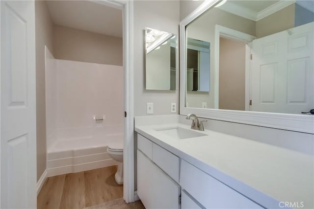 5573 Kiowa Dr, La Mesa, CA 91942 - full bathroom featuring vanity, wood finished floors, and ornamental molding