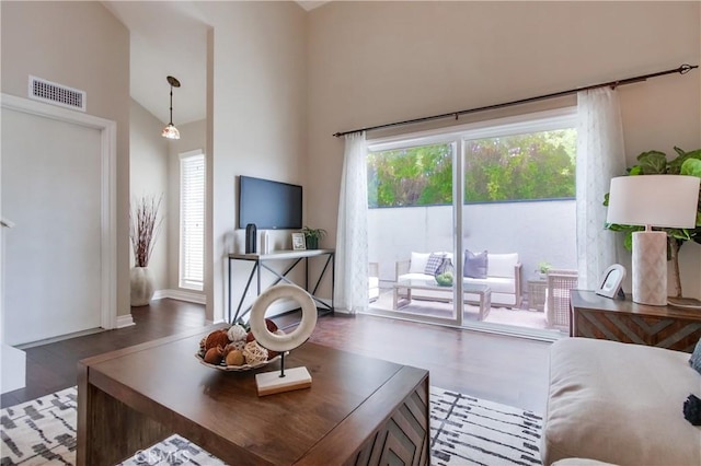 living area with wood finished floors and a towering ceiling