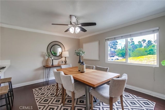 5573 Kiowa Dr, La Mesa, CA 91942 - dining space with a ceiling fan, dark wood finished floors, and ornamental molding