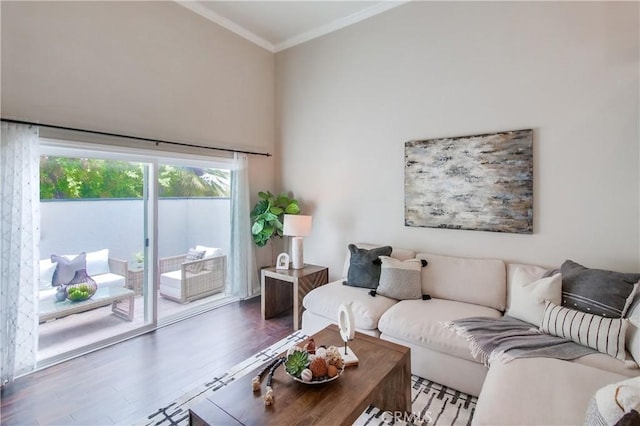 living room featuring ornamental molding and wood finished floors