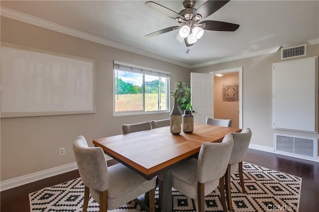 5573 Kiowa Dr, La Mesa, CA 91942 - dining area with dark wood finished floors, crown molding, and ceiling fan