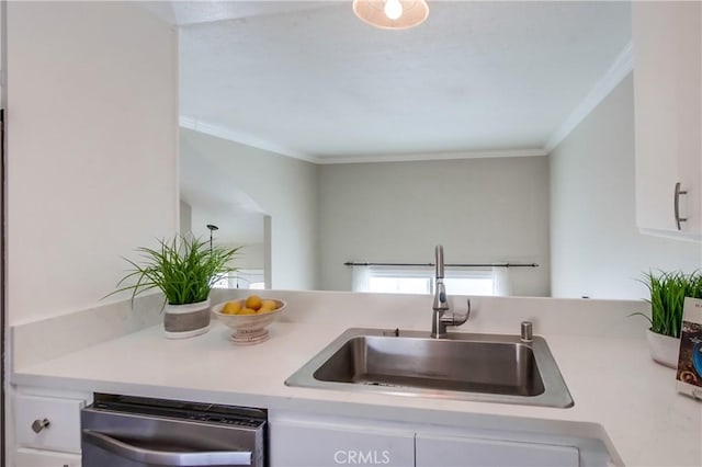 5573 Kiowa Dr, La Mesa, CA 91942 - kitchen featuring dishwasher, white cabinets, ornamental molding, and light countertops