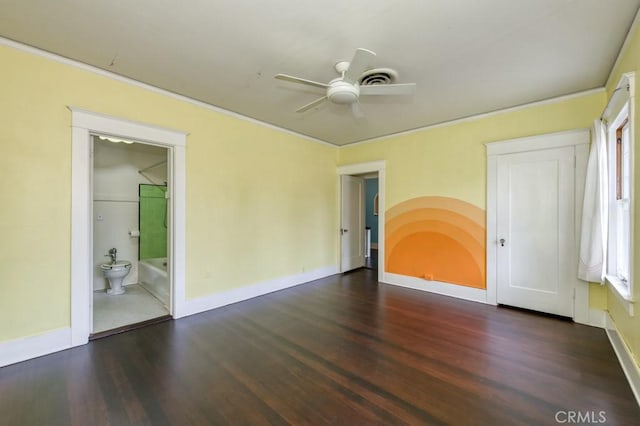 605 E Home Ave, Fresno, CA 93728 - empty room featuring wood finished floors, baseboards, a ceiling fan, and ornamental molding