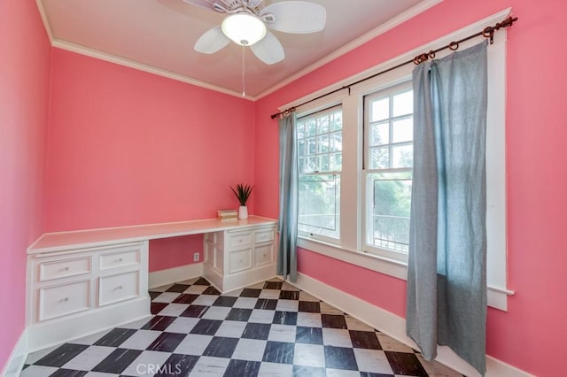 605 E Home Ave, Fresno, CA 93728 - unfurnished office with built in desk, a ceiling fan, dark floors, ornamental molding, and baseboards