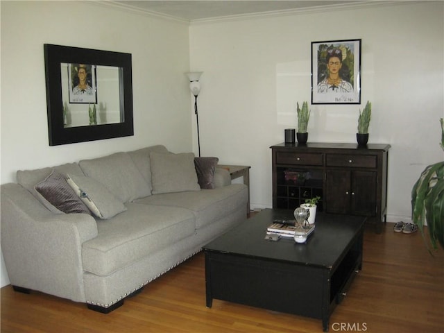 living area with wood finished floors and ornamental molding