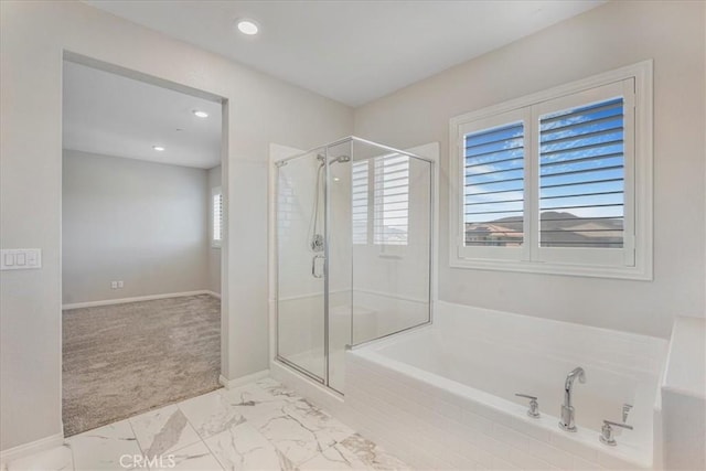 34428 Burnt Pine Rd, Murrieta, CA 92563 - bathroom featuring a shower stall, a bath, marble finish flooring, baseboards, and recessed lighting