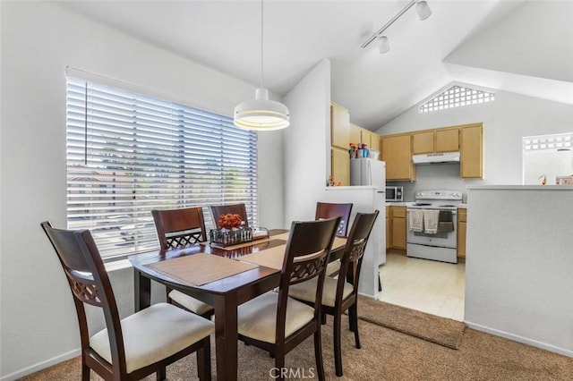 11 Avalon Unit 23, Laguna Niguel, CA 92677 - dining space featuring light carpet, vaulted ceiling, track lighting, and baseboards