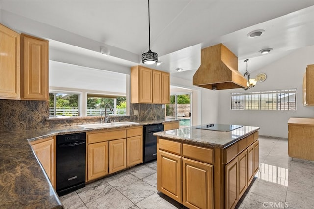 1425 Belleau Rd, Glendale, CA 91206 - kitchen with a sink, black appliances, vaulted ceiling, plenty of natural light, and tasteful backsplash