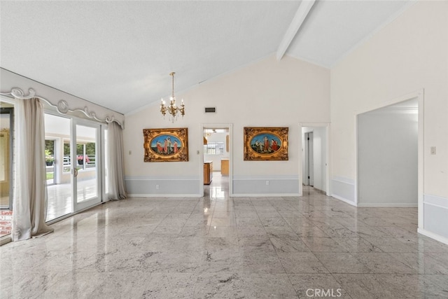 1425 Belleau Rd, Glendale, CA 91206 - unfurnished living room featuring a chandelier, baseboards, marble tiled floors, high vaulted ceiling, and beam ceiling