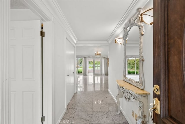 1425 Belleau Rd, Glendale, CA 91206 - hall with baseboards, a chandelier, ornamental molding, and light marble finish floors