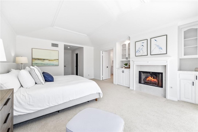 19365 Woodlands Dr, Huntington Beach, CA 92648 - bedroom with light carpet, a fireplace with flush hearth, ornamental molding, and baseboards