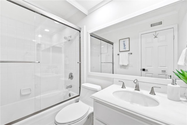 19365 Woodlands Dr, Huntington Beach, CA 92648 - full bath featuring crown molding, toilet, vanity, and bath / shower combo with glass door